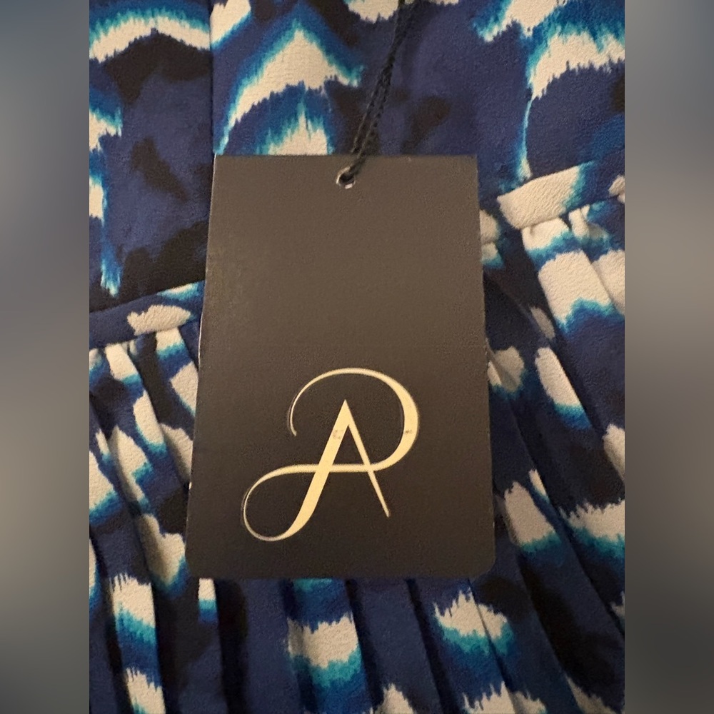 Adrianna Papell Ikat Fit & Flare Midi Dress Blue White  Pleated V-Neck Sz 14 NWT - Picture 6 of 16